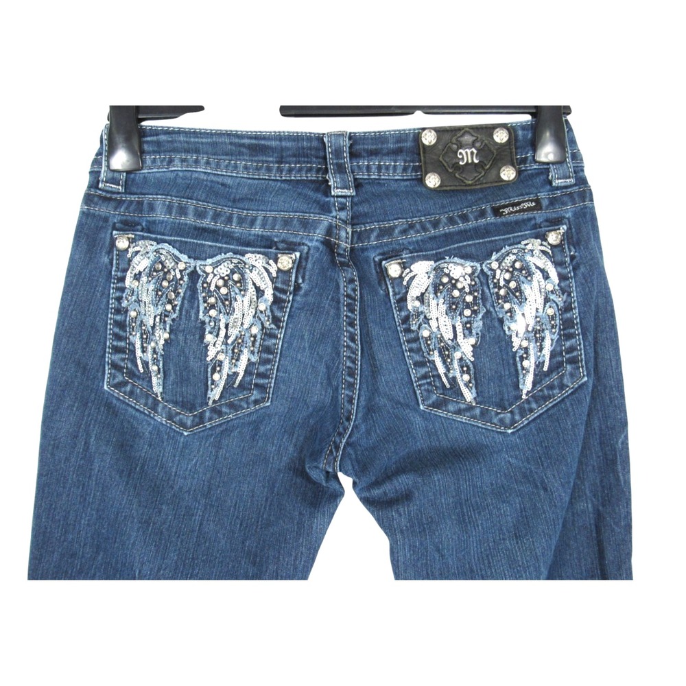 MISS ME Blue Denim SEQUIN/RHINESTONES ANGEL WINGS POCKETS Straight Leg JEANS 30